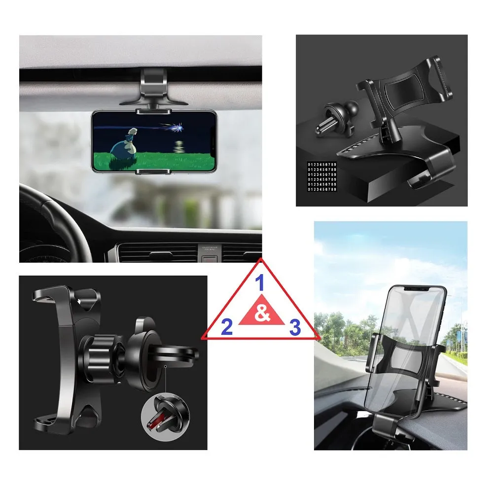 3 in 1 Car GPS Smartphone Holder: Dashboard / Visor Clamp   AC Grid Clip for Aermoo R1 - Black