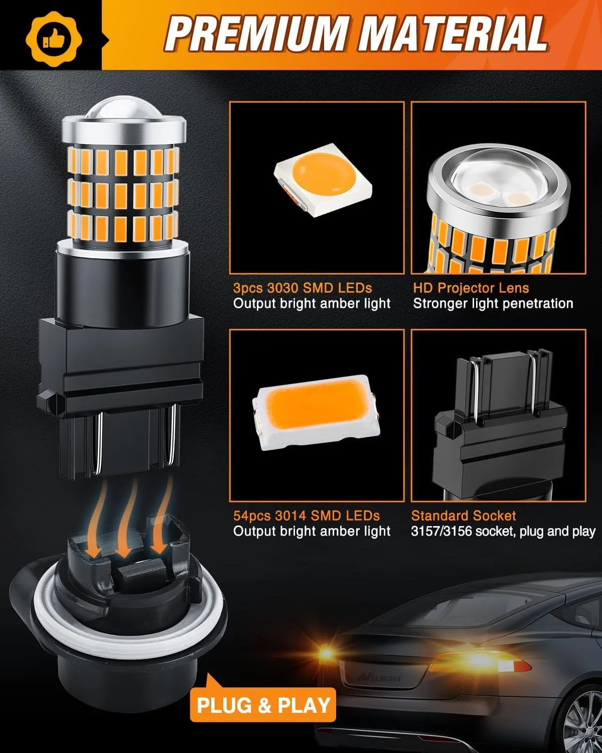 57LEDs Amber Yellow 3156 3056 4157 3057 3157 LED Bulbs (Pairs)