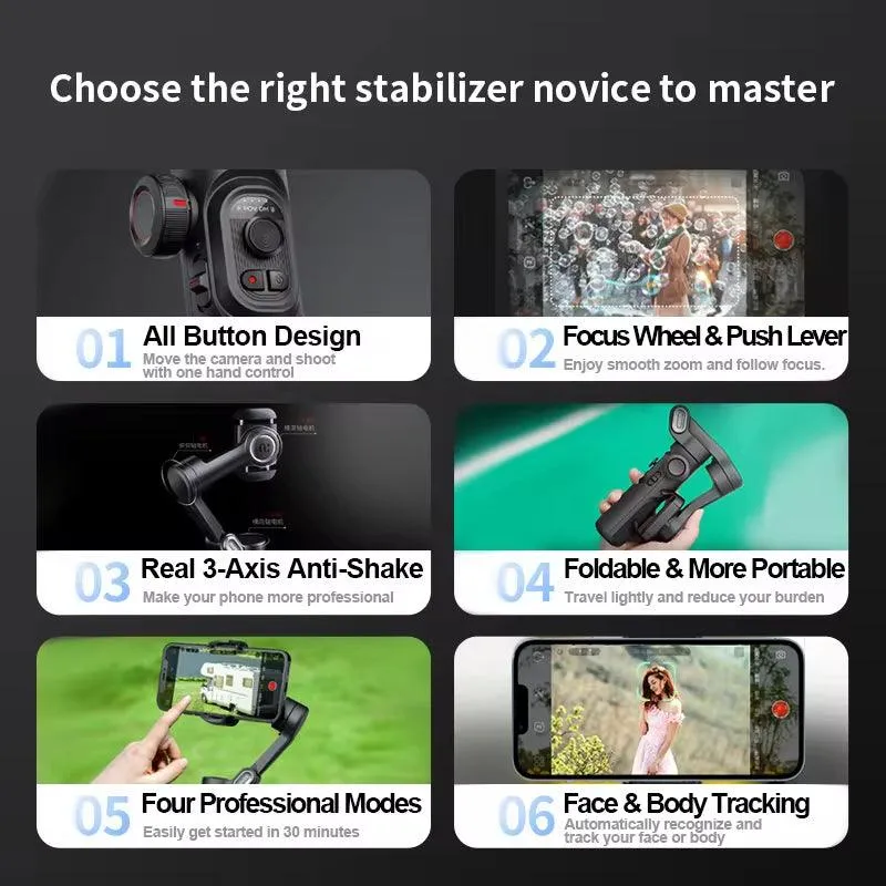 Axis smartphone gimbal with focus wheel and face tracking