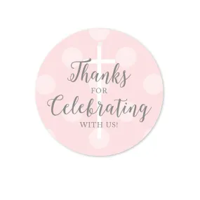 Blush Pink and Gray Baby Girl Baptism Round Circle Gift Tags, Thanks for Celebrating with US