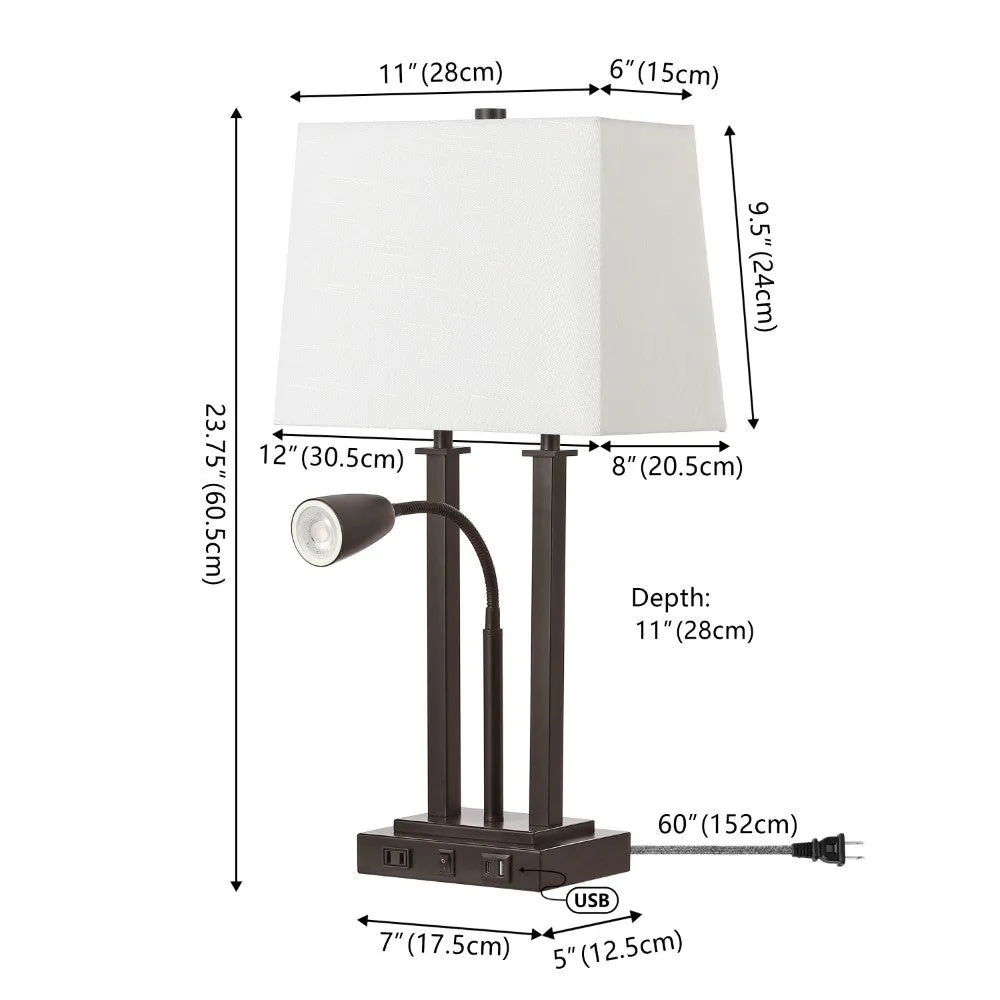 Cinkeda 23.75" 2-Light Modern Farmhouse Metal LED Table Lamp with USB Charging port
