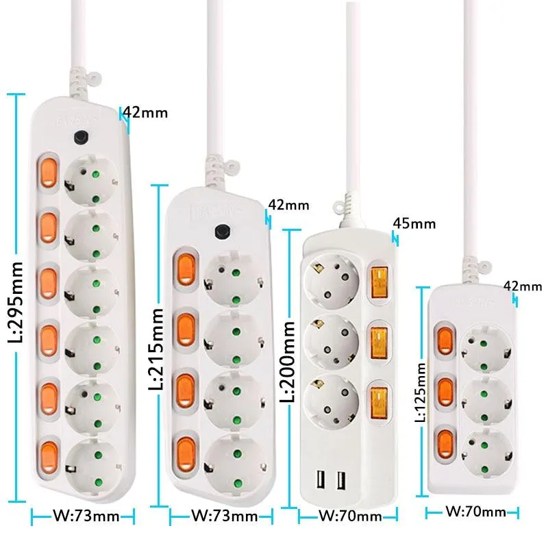 Extension Cord 1.5/2.5M Power Strip10/16A 250V Overload Protection Individually Switched EU plug 2/3/4/5/6 Extension Socket USB