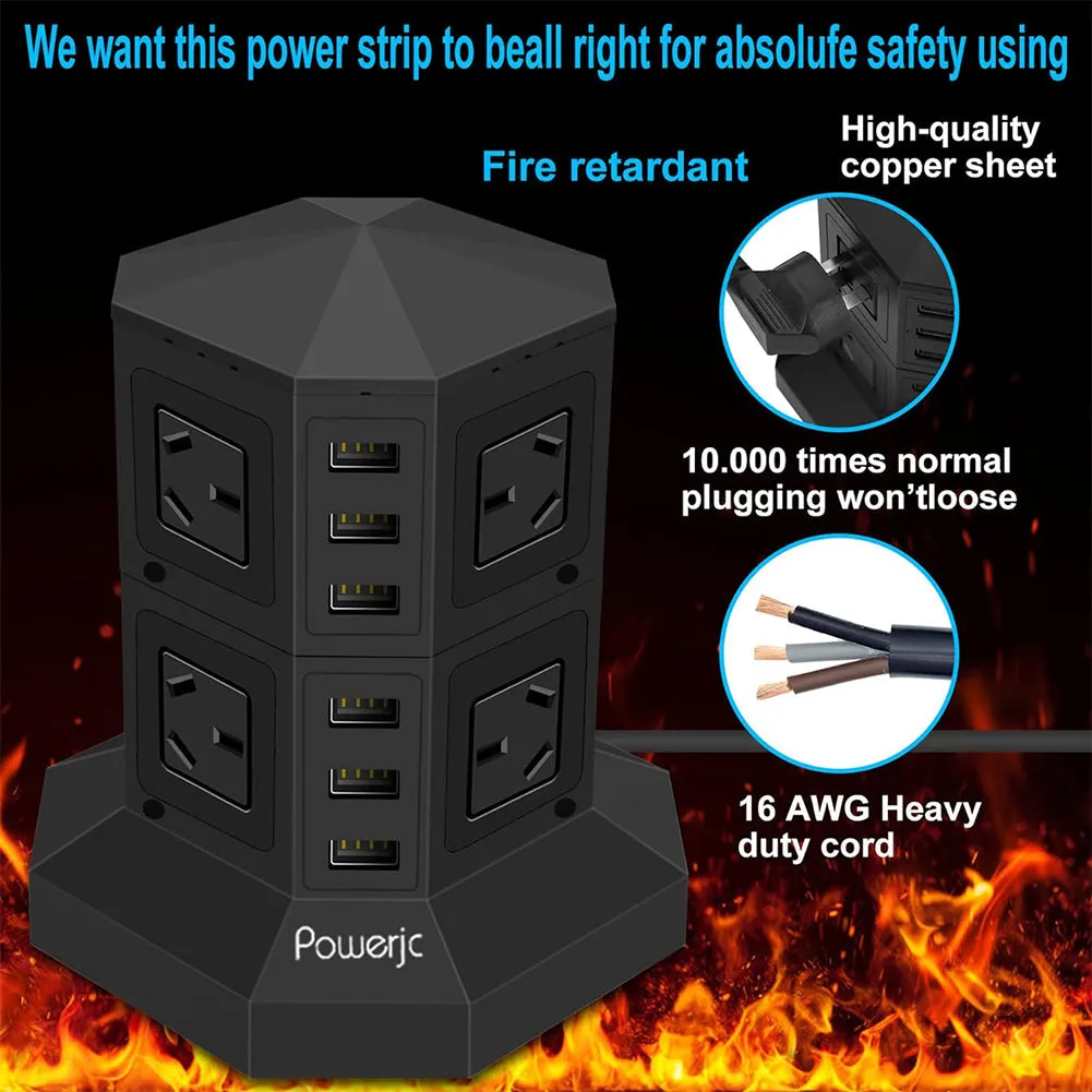 Power Hub 8AC/6USB 2m Extension Cord Surge Protector (Black)