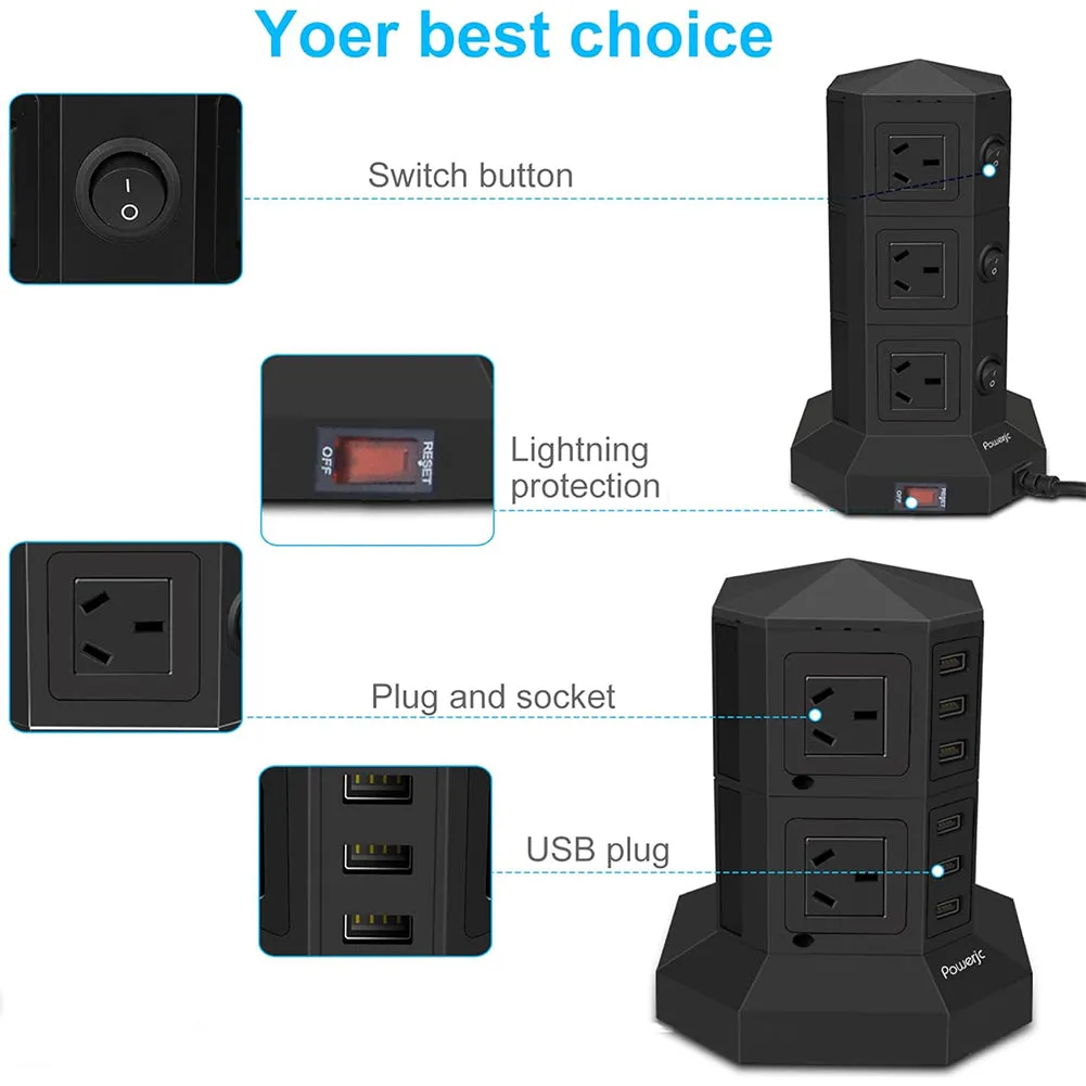 Power Hub 8AC/6USB 2m Extension Cord Surge Protector (Black)