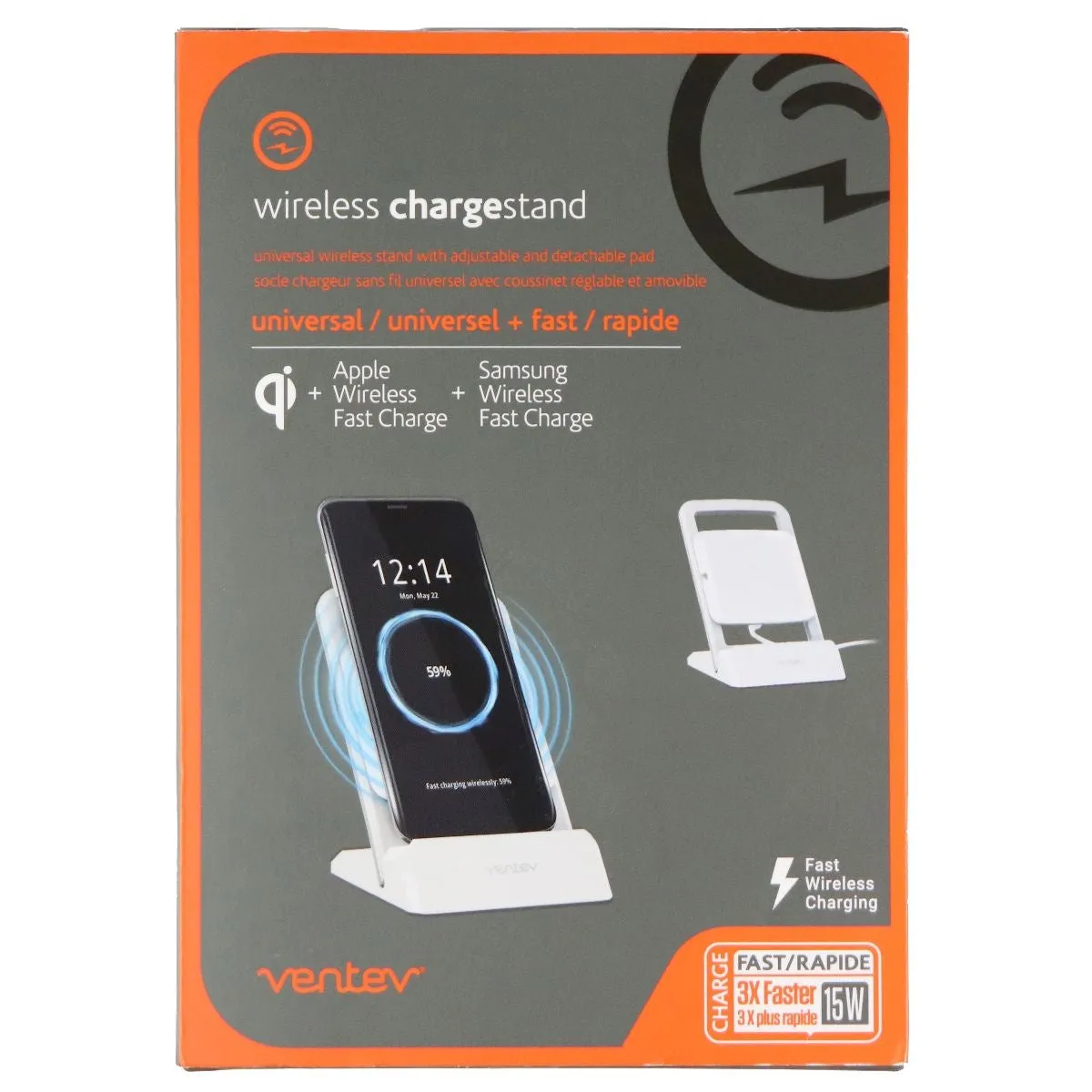 Ventev 15W Wireless ChargeStand for Qi Wireless Charging Devices - White/Silver