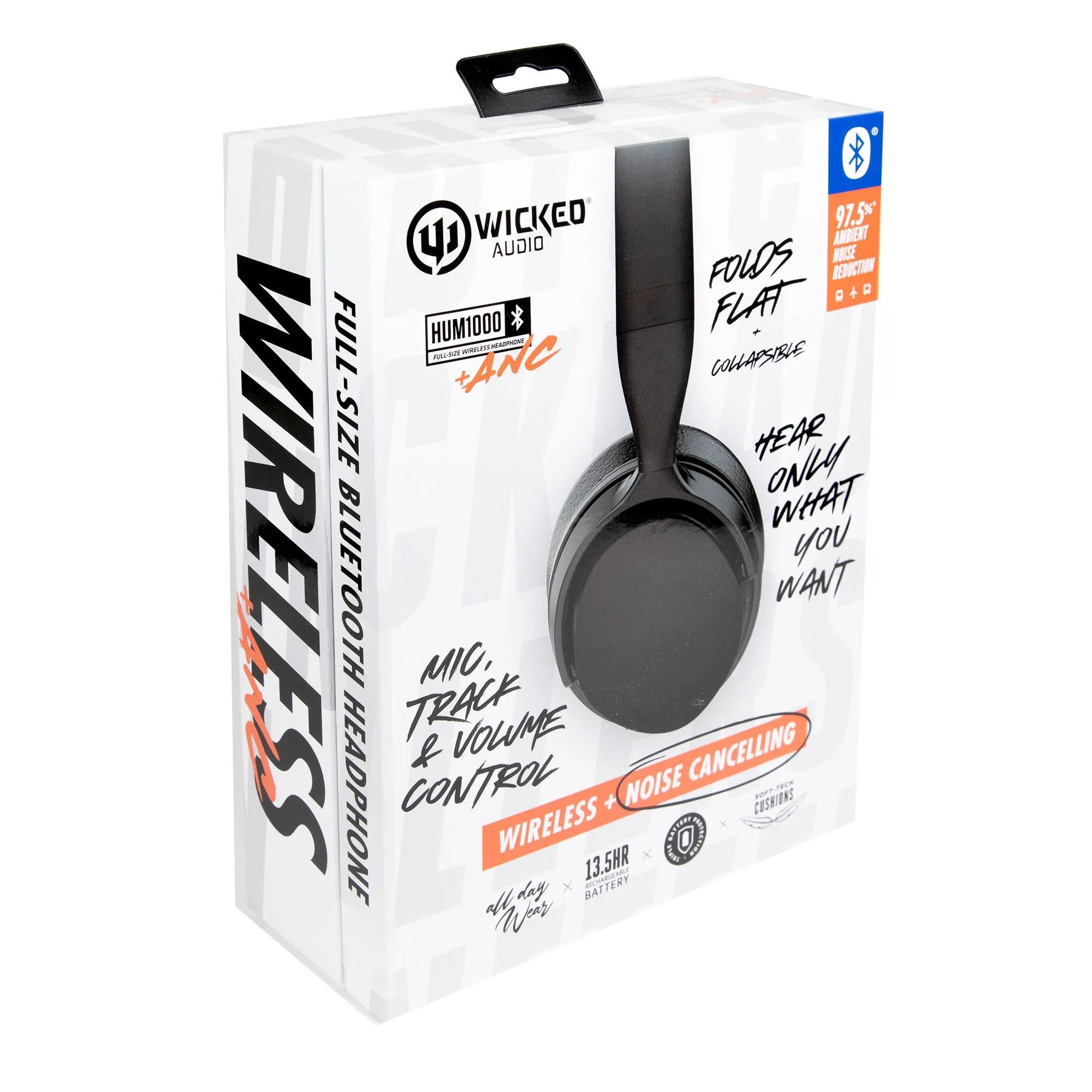 Wicked Audio HUM 1000 Wireless Active Noise Cancelling Headphones with Charging Cord, Black